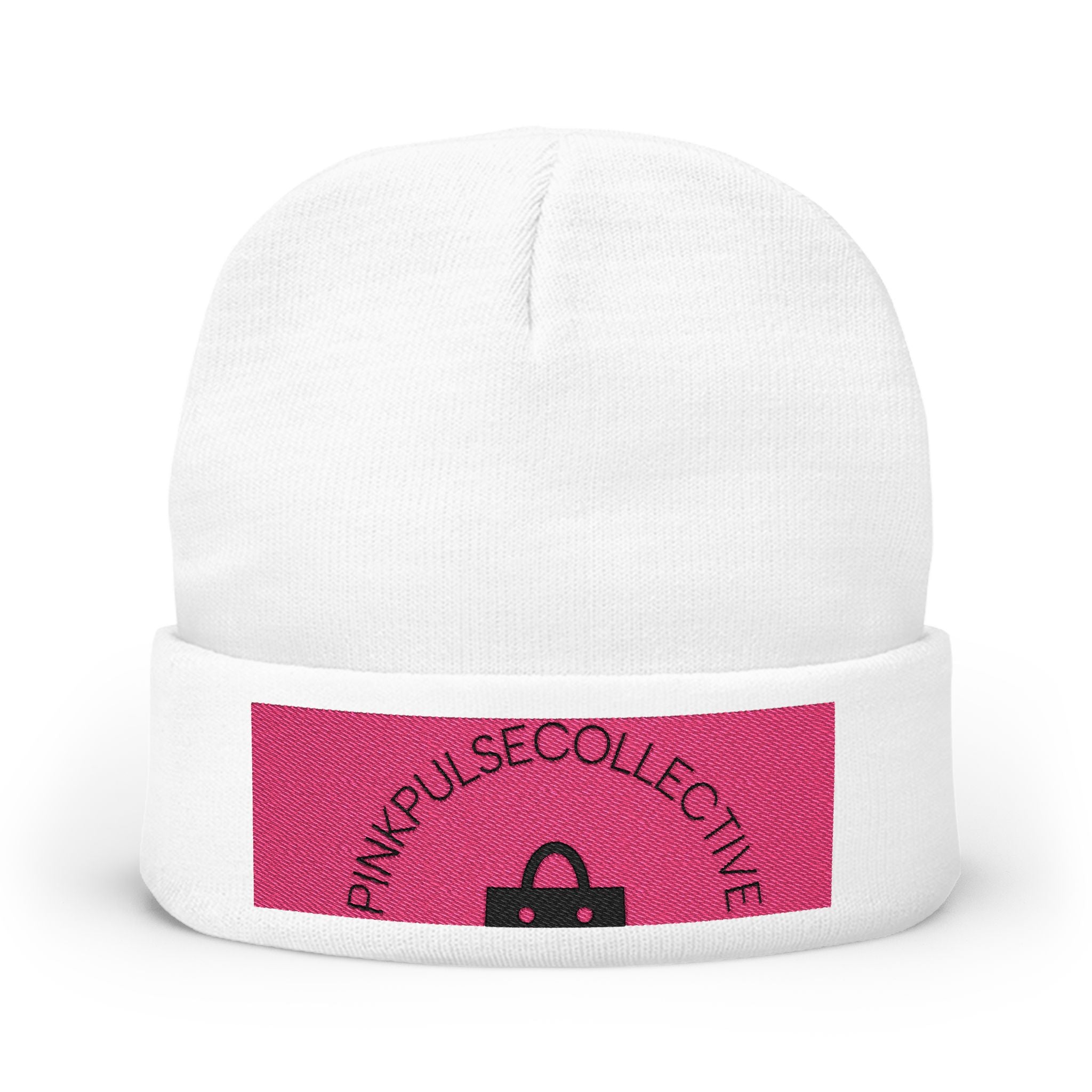 Embroidered Knit Beanie — Pink Logo Cuffed Winter Hat