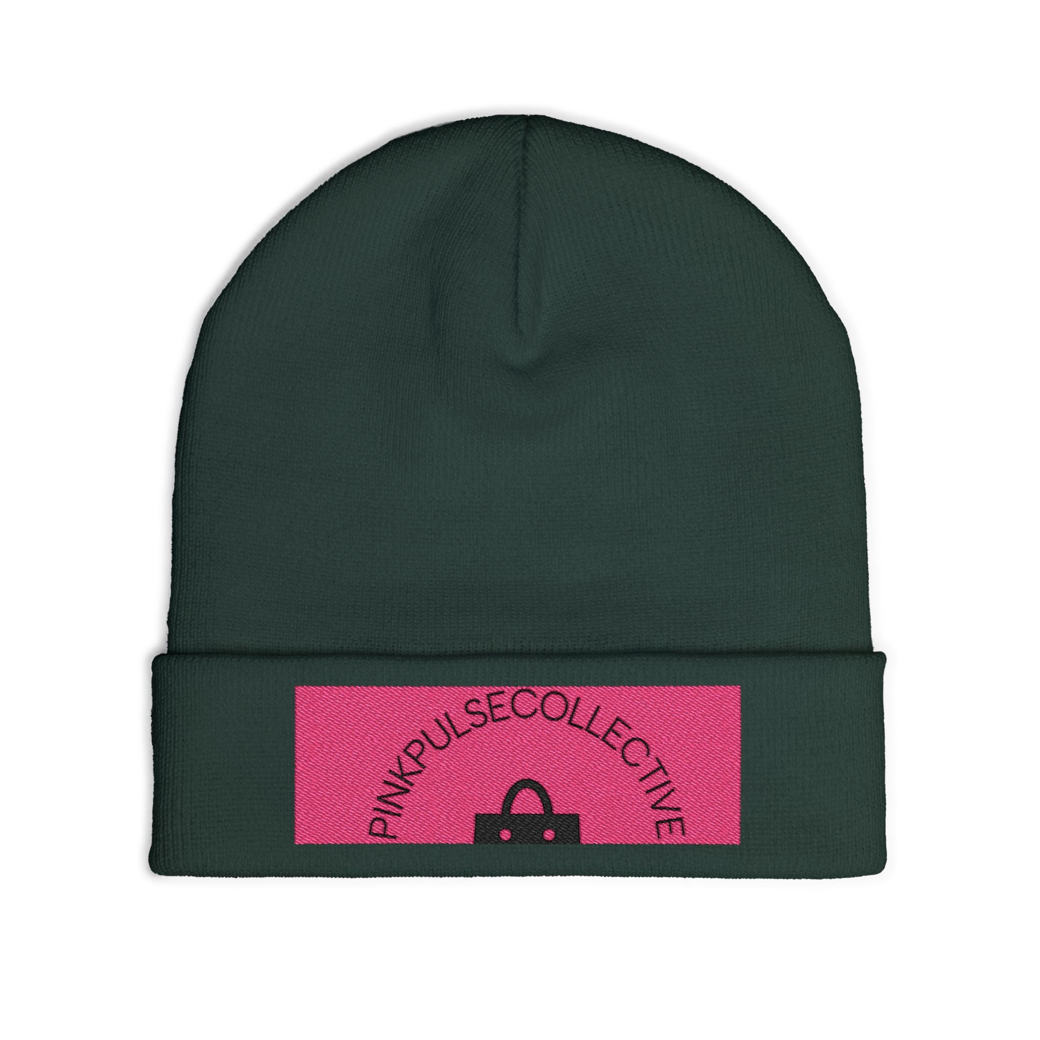 Embroidered Knit Beanie — Pink Logo Cuffed Winter Hat