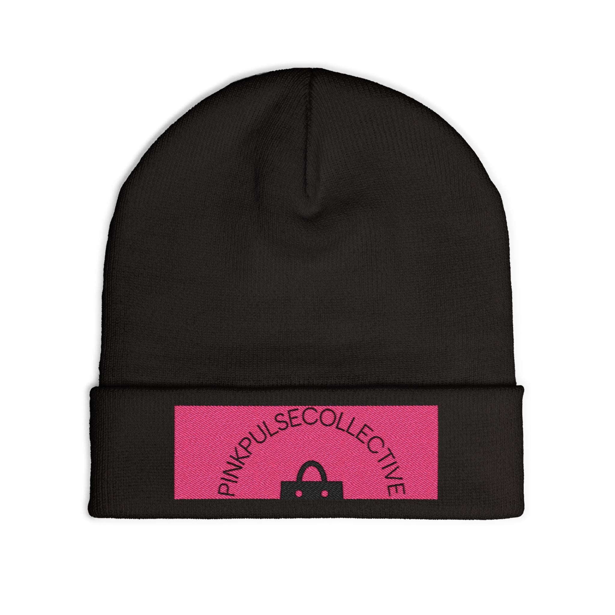 Embroidered Knit Beanie — Pink Logo Cuffed Winter Hat