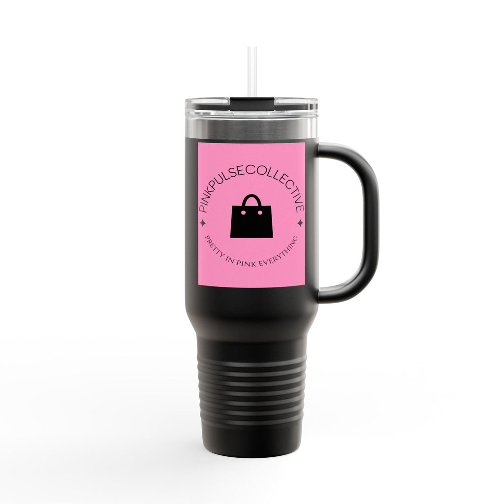 40oz Insulated Travel Mug — Pink Pulse Collective Logo, Large Stainless Steel Tumbler with Straw & Handle