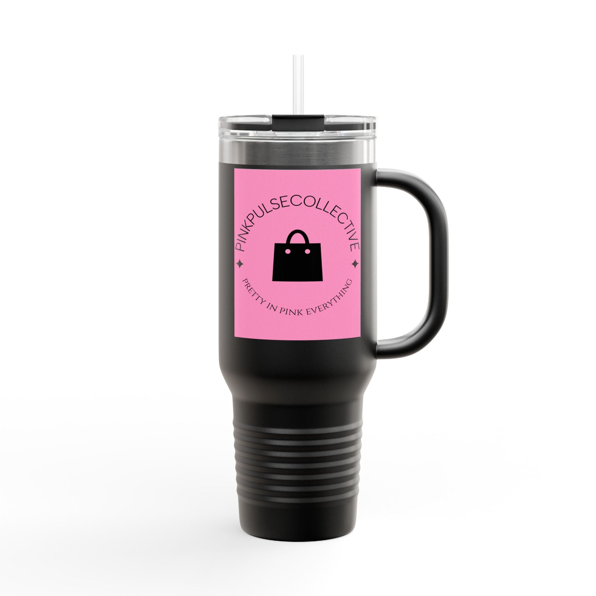 40oz Insulated Travel Mug — Pink Pulse Collective Logo, Large Stainless Steel Tumbler with Straw & Handle