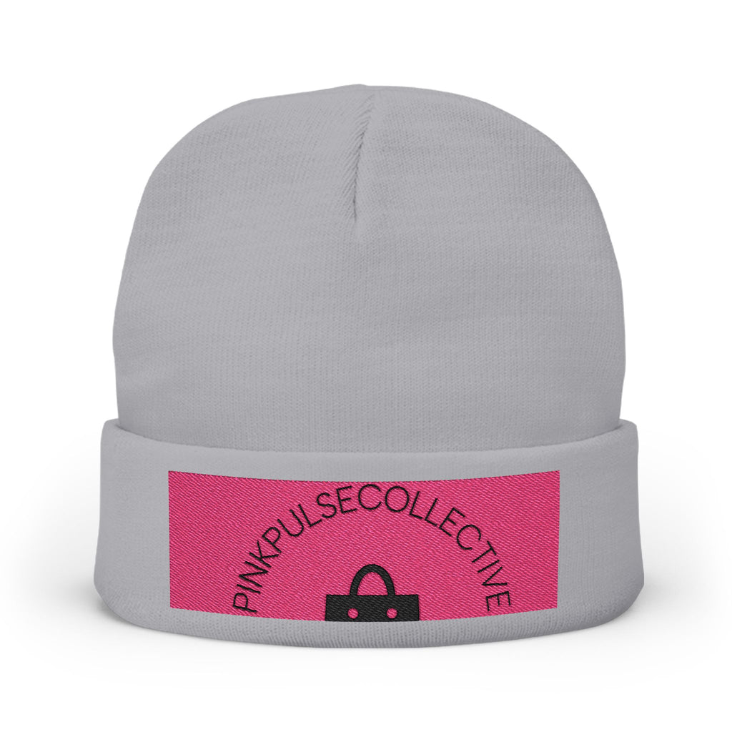 Embroidered Knit Beanie — Pink Logo Cuffed Winter Hat