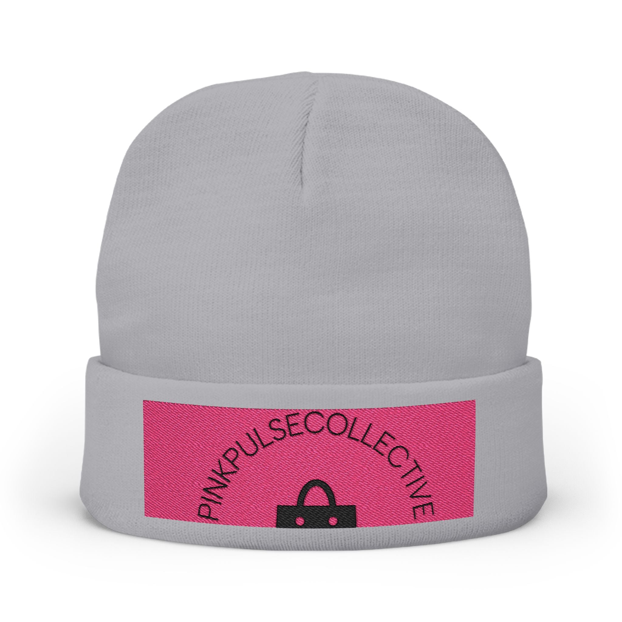 Embroidered Knit Beanie — Pink Logo Cuffed Winter Hat