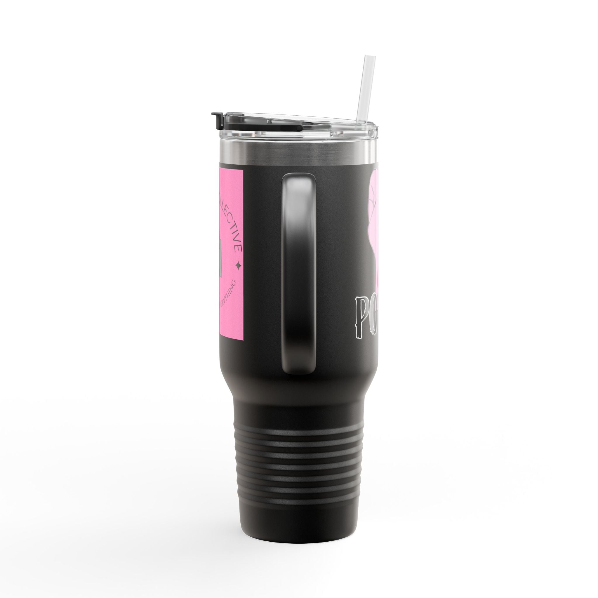 40oz Insulated Travel Mug — Pink Pulse Collective Logo, Large Stainless Steel Tumbler with Straw & Handle