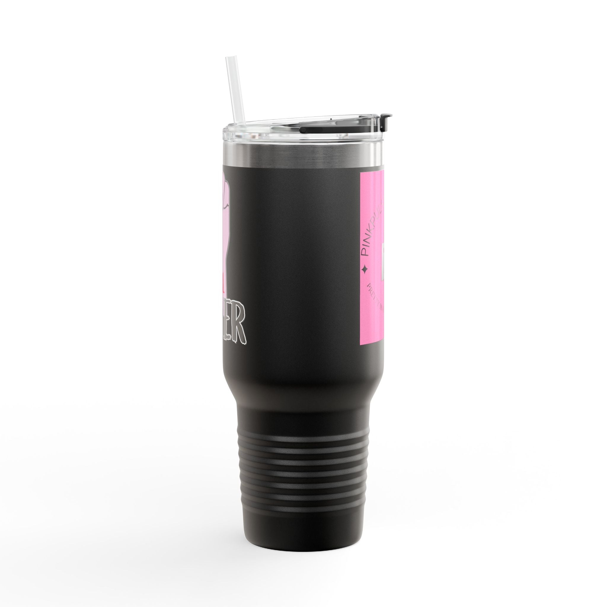 40oz Insulated Travel Mug — Pink Pulse Collective Logo, Large Stainless Steel Tumbler with Straw & Handle