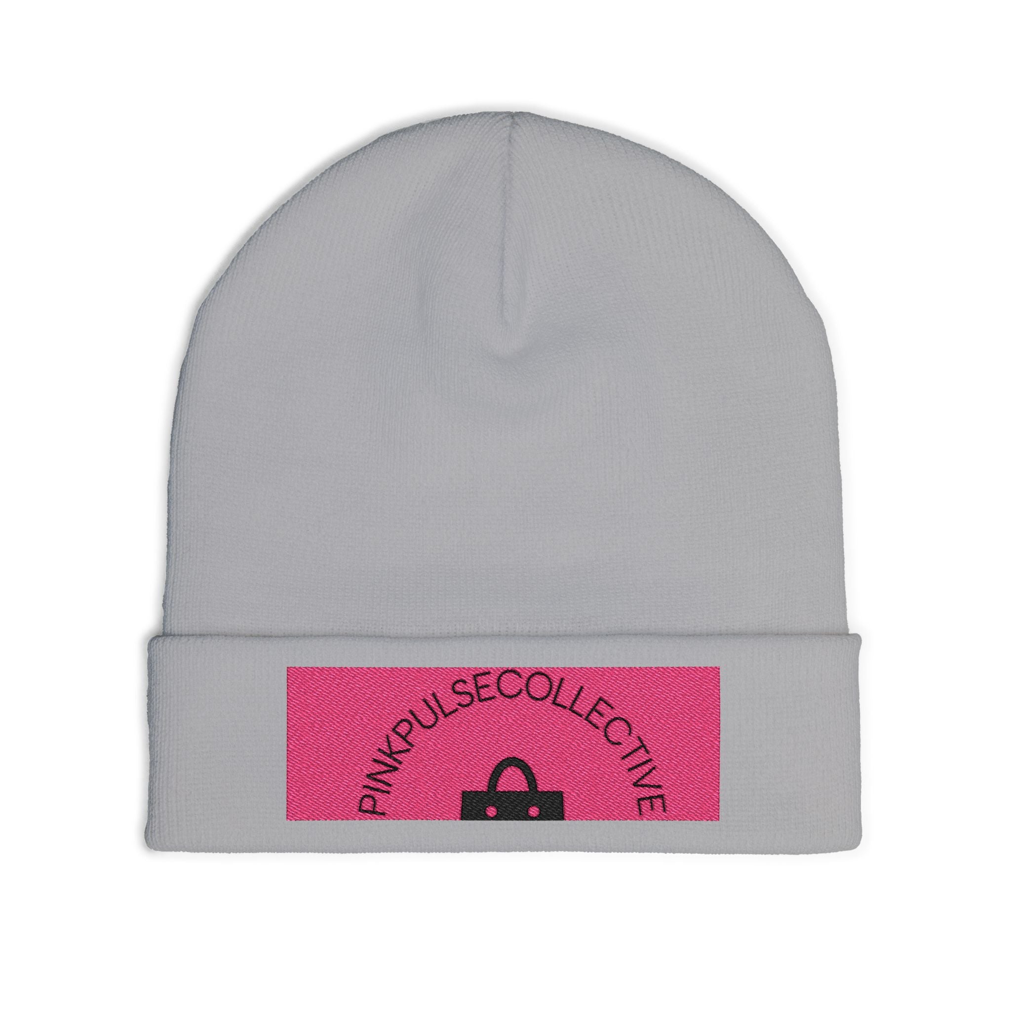 Embroidered Knit Beanie — Pink Logo Cuffed Winter Hat