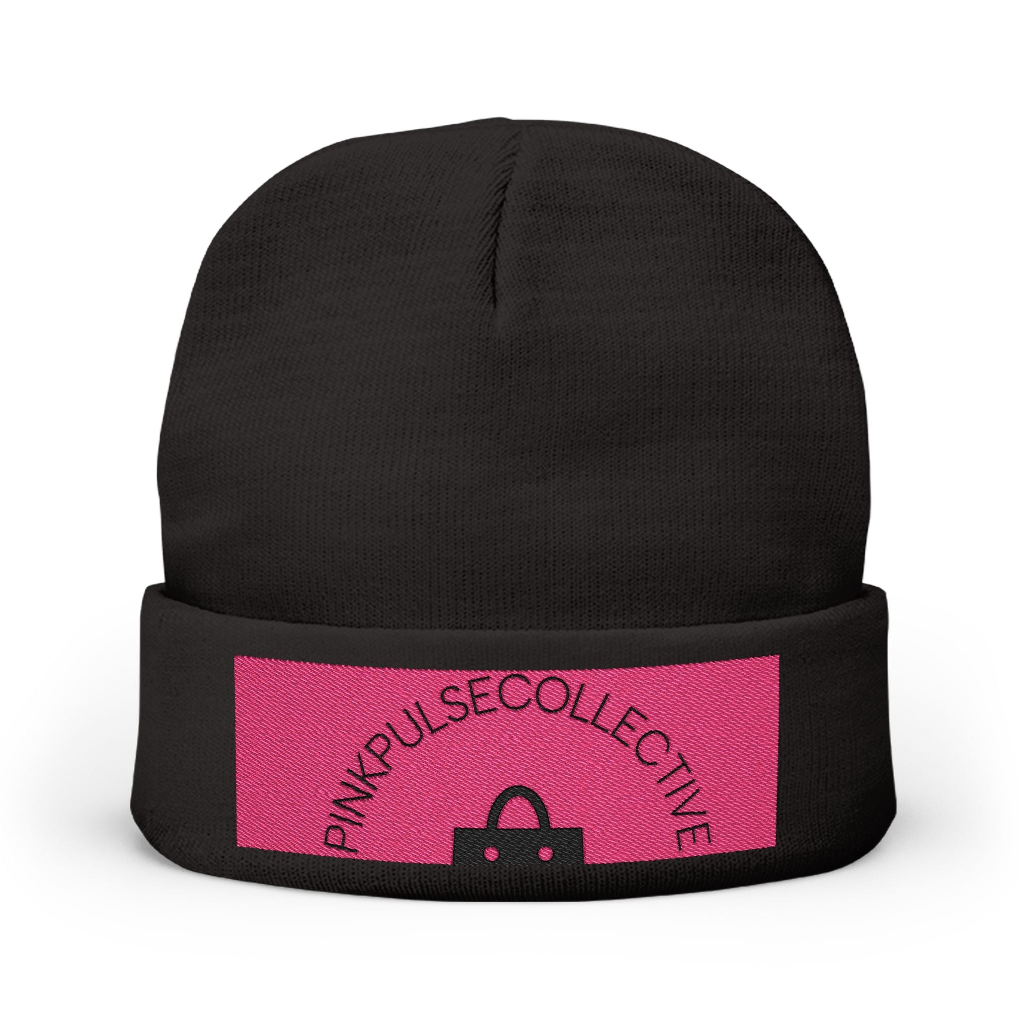 Embroidered Knit Beanie — Pink Logo Cuffed Winter Hat