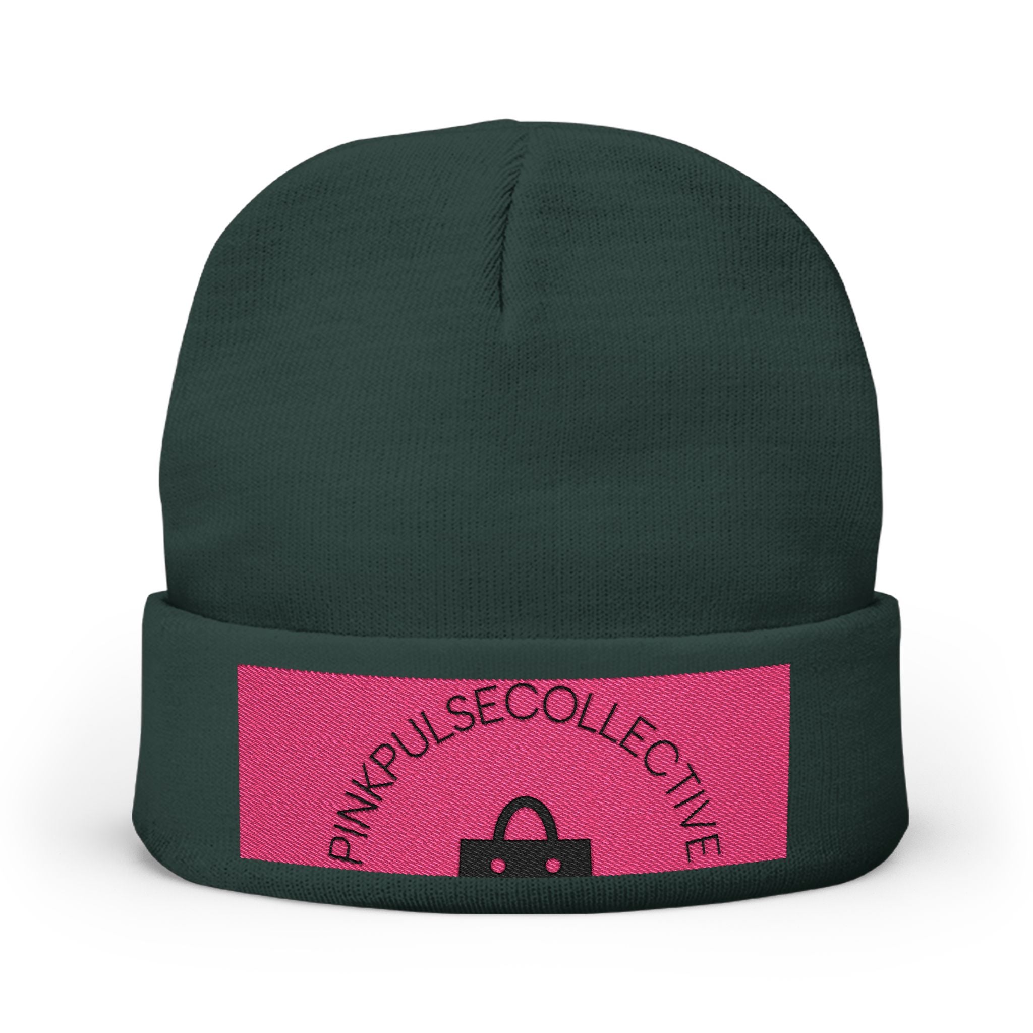 Embroidered Knit Beanie — Pink Logo Cuffed Winter Hat
