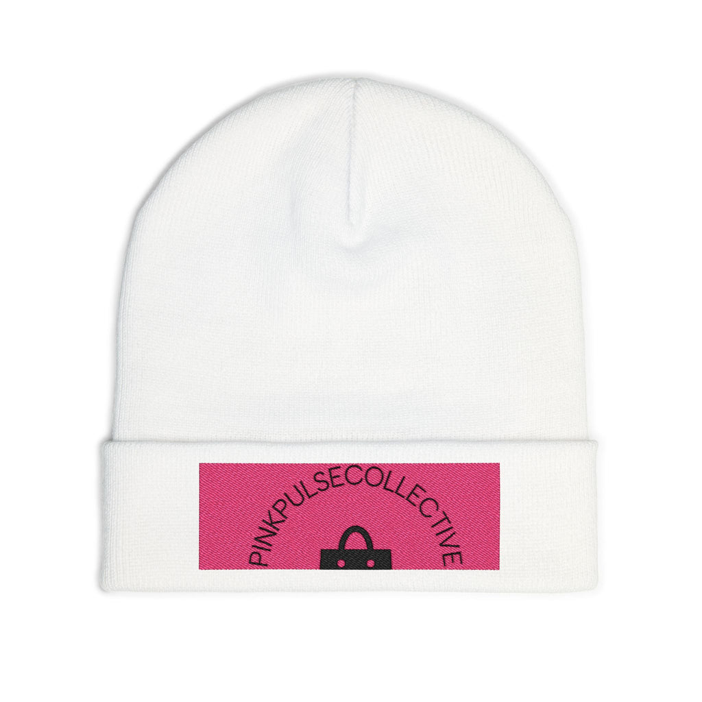 Embroidered Knit Beanie — Pink Logo Cuffed Winter Hat