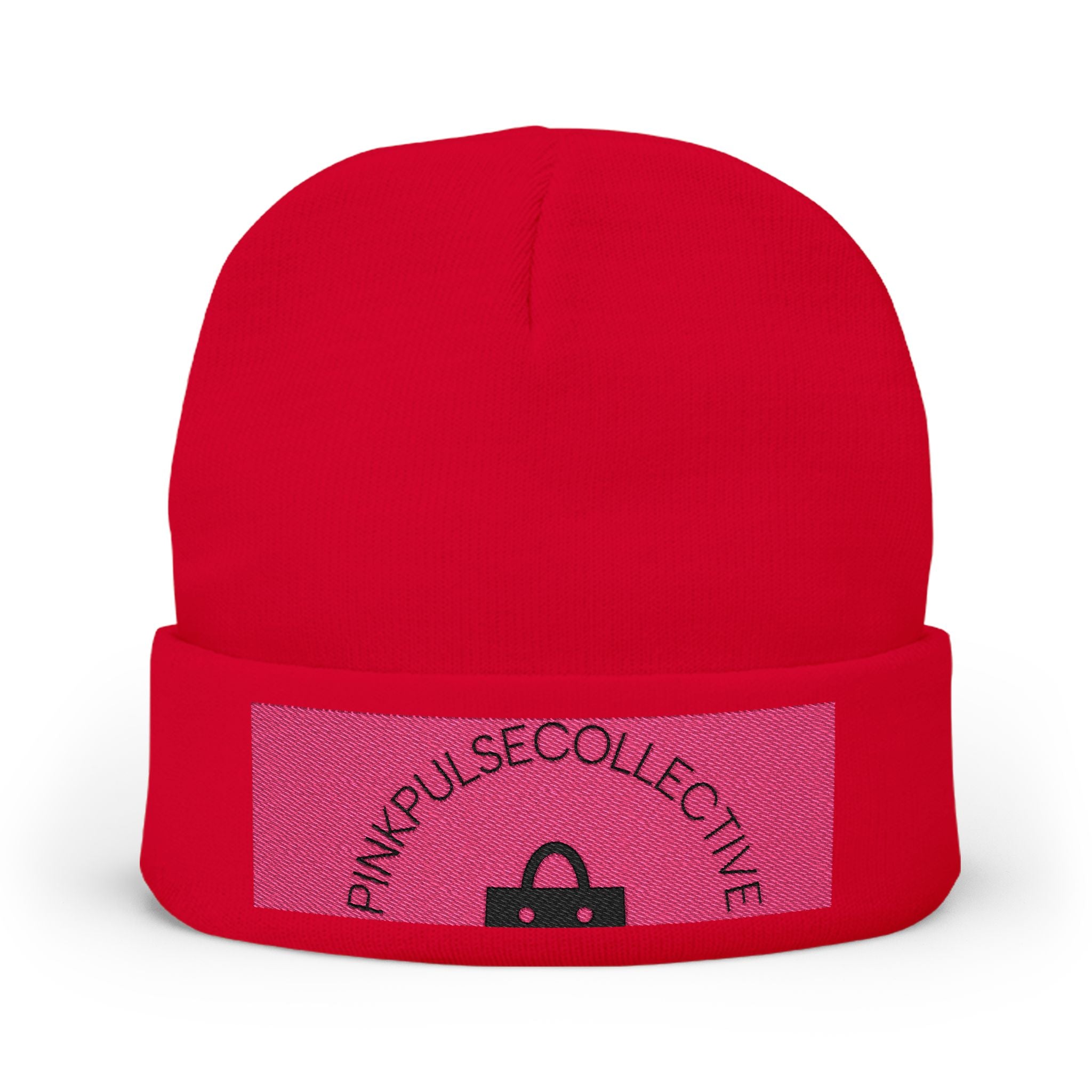 Embroidered Knit Beanie — Pink Logo Cuffed Winter Hat