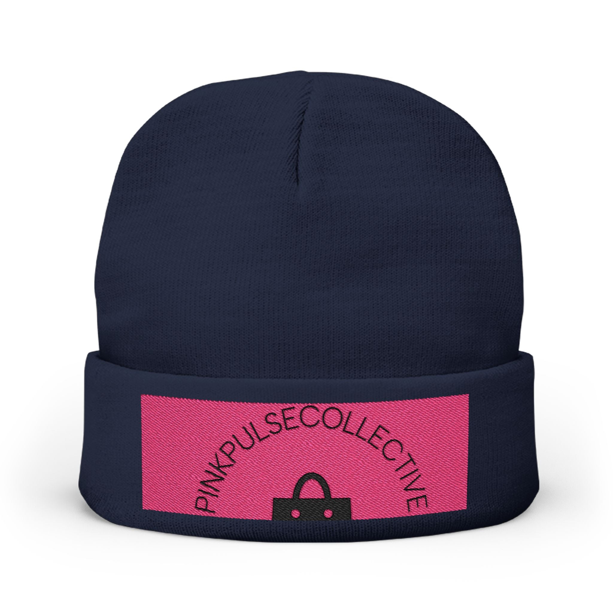 Embroidered Knit Beanie — Pink Logo Cuffed Winter Hat