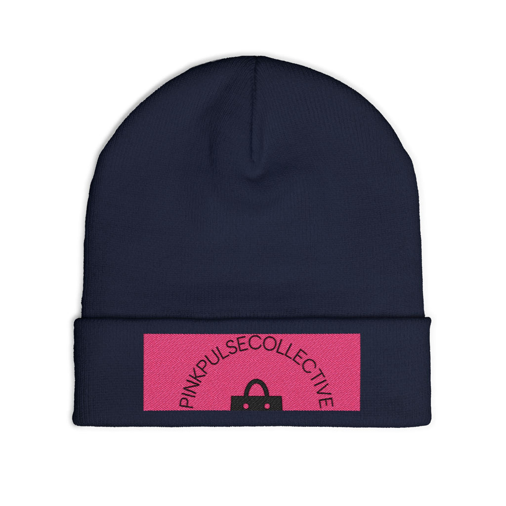 Embroidered Knit Beanie — Pink Logo Cuffed Winter Hat