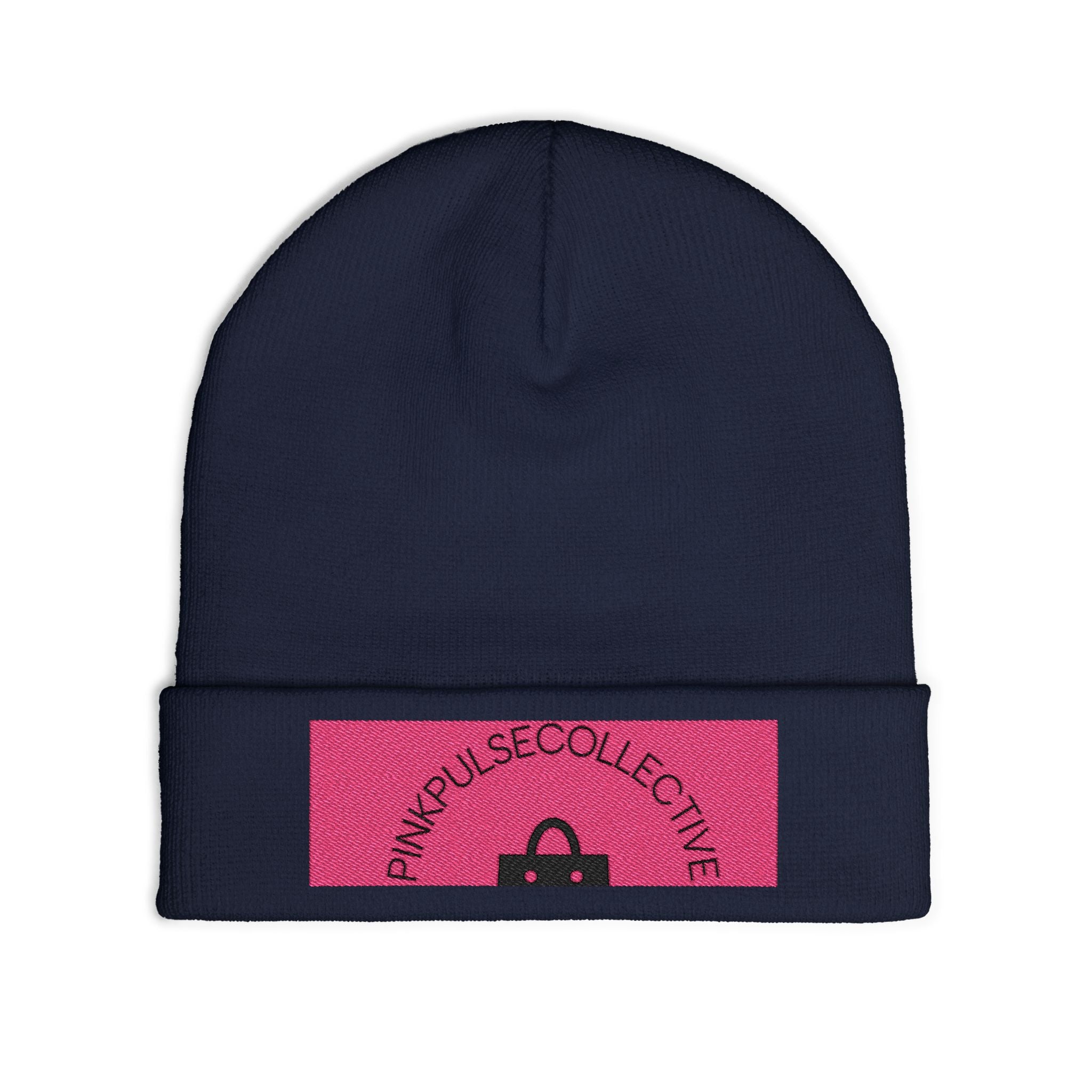 Embroidered Knit Beanie — Pink Logo Cuffed Winter Hat